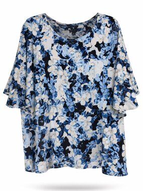 Alfani Blue Floral Blouse Women's 4X Flowy Layered Sleeve Top Plus Size